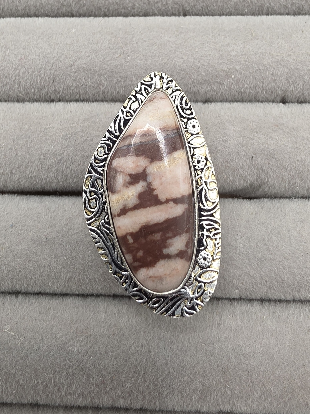 Silver Plated Coconut Jasper Statement Ring Size 7 in Brown and Cream